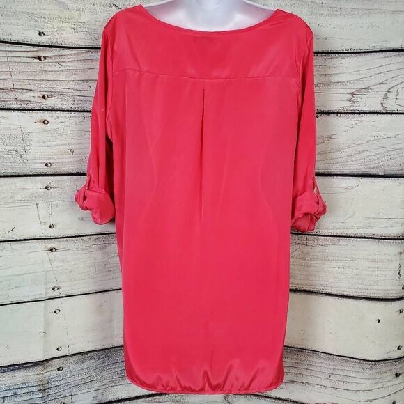 Fun & Flirt Hot Pink Satin Blouse Women’s Large Roll-Tab Sleeve - Picture 3 of 5